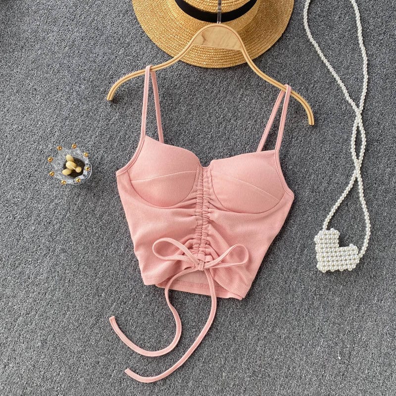 Free / Pink 2022 Amazon Top Seller Women Summer Simple spaghetti strap tank top Drawstring knit women y2k crop tops