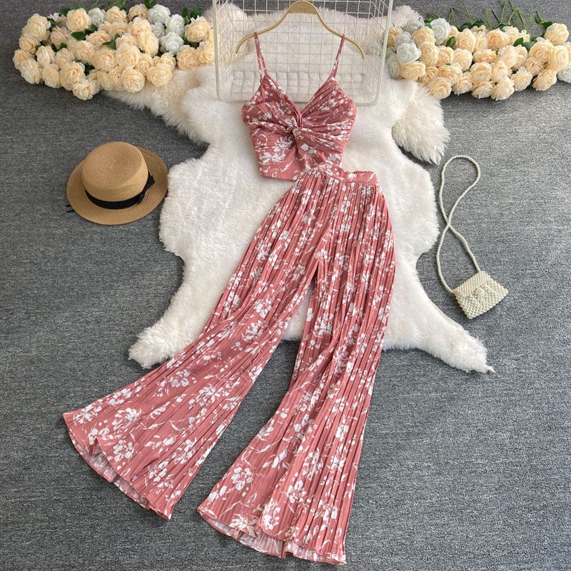 Free / Pink 2022 floral vacation set women summer tank top blouse sleeveless chiffon wide leg pants women sets two piece pants