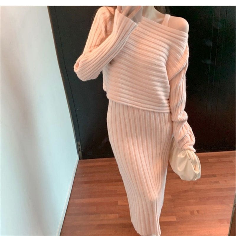 Free / Pink Autumn Winter Sweater Sets Elegant Long Sleeve Pullover Sweater + Basic Knitted Sling Dresses Korean Outfit 2 Piece Set