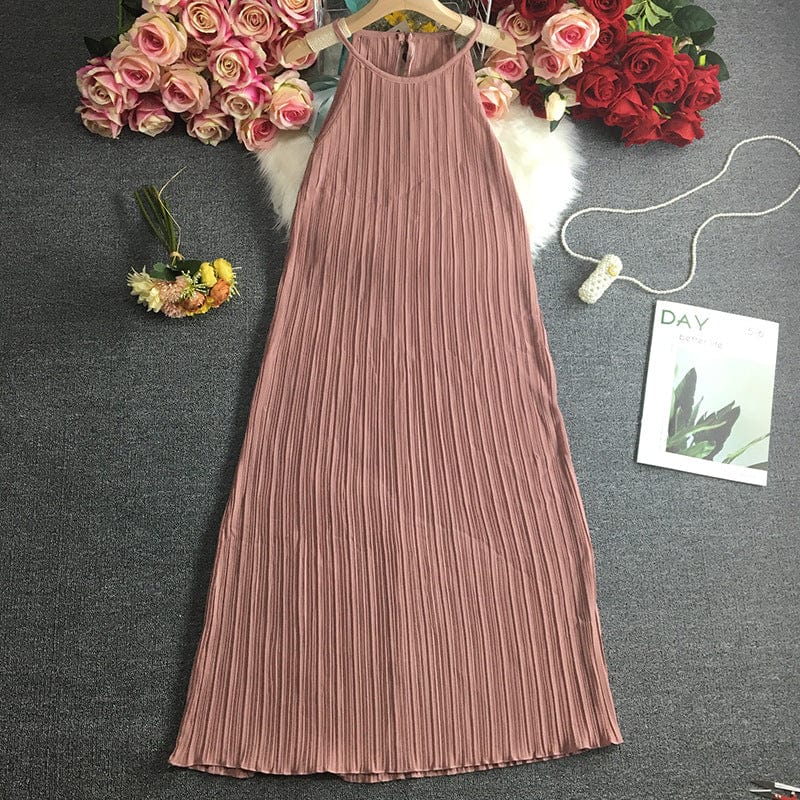 Free / Pink Coldker Holiday Beach Sleeveless Halter Dress Multicolor Pleated Design High Waist A Line Vestido Sexy O Neck Pullover Ropa