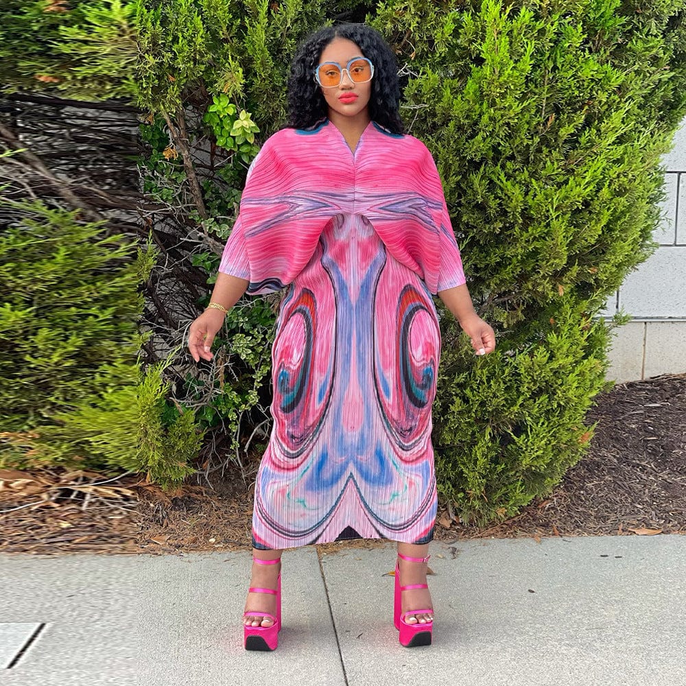 Free / Pink OUDINA Wholesale USA Womens Autumn Miyake Print Plus Size Casual Pleated Dresses For Women