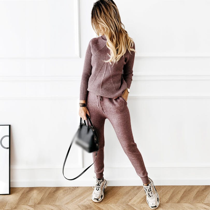 Free / Purple 10%OFF Autumn Winter Women's Knit tracksuit Solid Color Striped Turtleneck Sweater and Elastic Trousers Two Piece Set