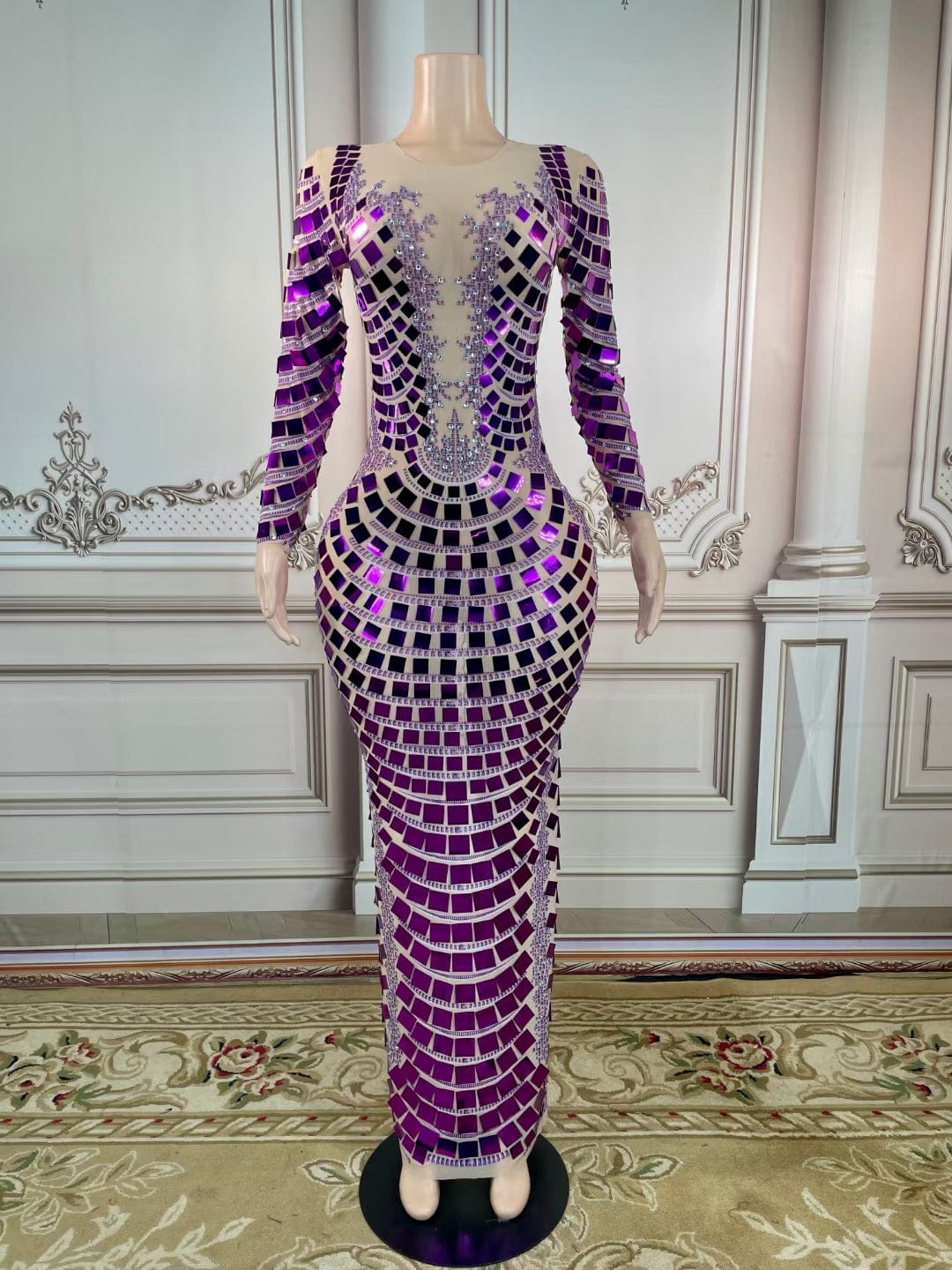 Free / Purple AD1465 Kimshein Handmade Crystal Women Purple Mesh Fabric Transparent Big Sequin Rhinestone Gala Performance Dresses Evening