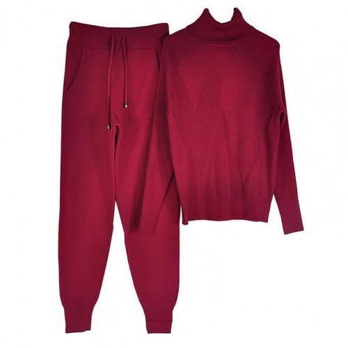 Free / Red 10%OFF Autumn Winter Women's Knit tracksuit Solid Color Striped Turtleneck Sweater and Elastic Trousers Two Piece Set