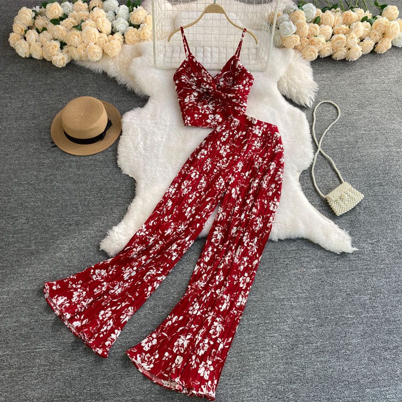 Free / Red 2022 floral vacation set women summer tank top blouse sleeveless chiffon wide leg pants women sets two piece pants