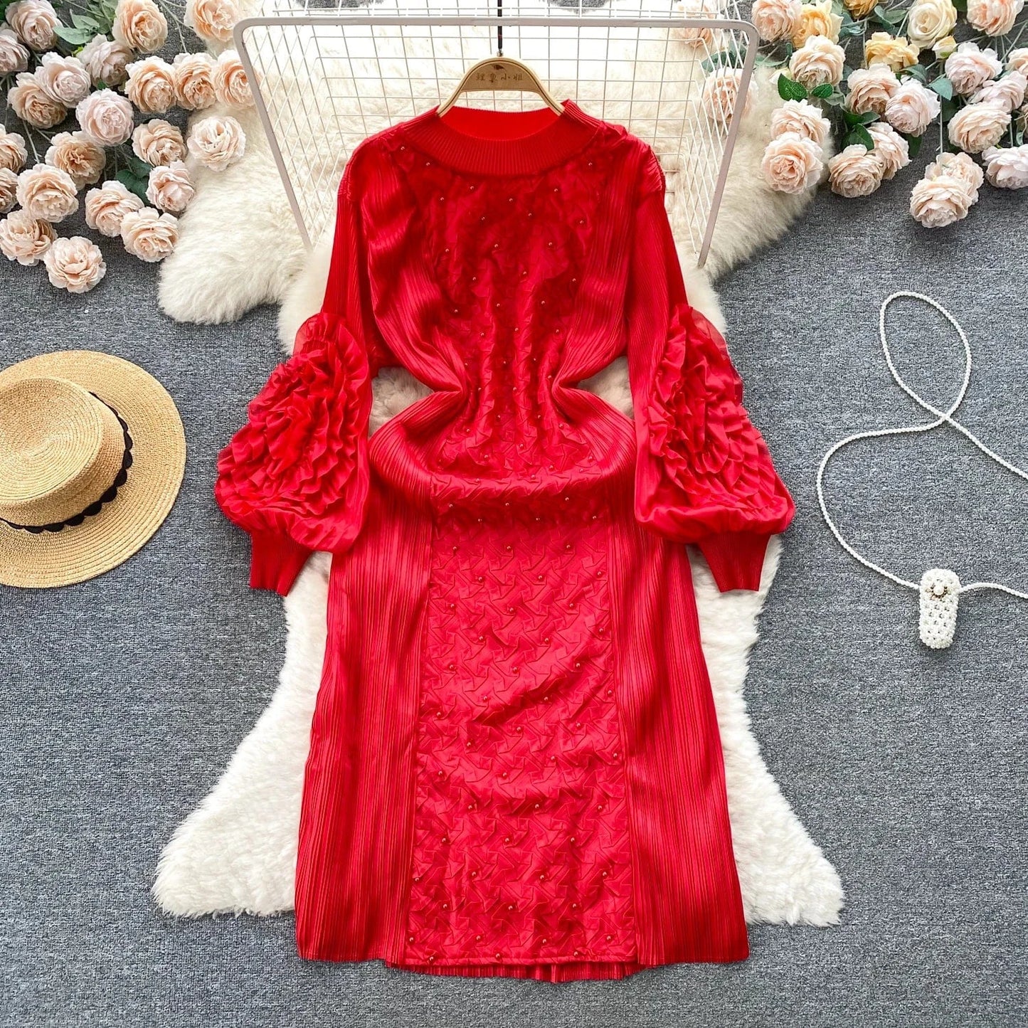 Free / Red Clothing 2024 Spring New Solid Color Embroidered Crew Neck Long Sleeve Elegant Loose Women's Dress