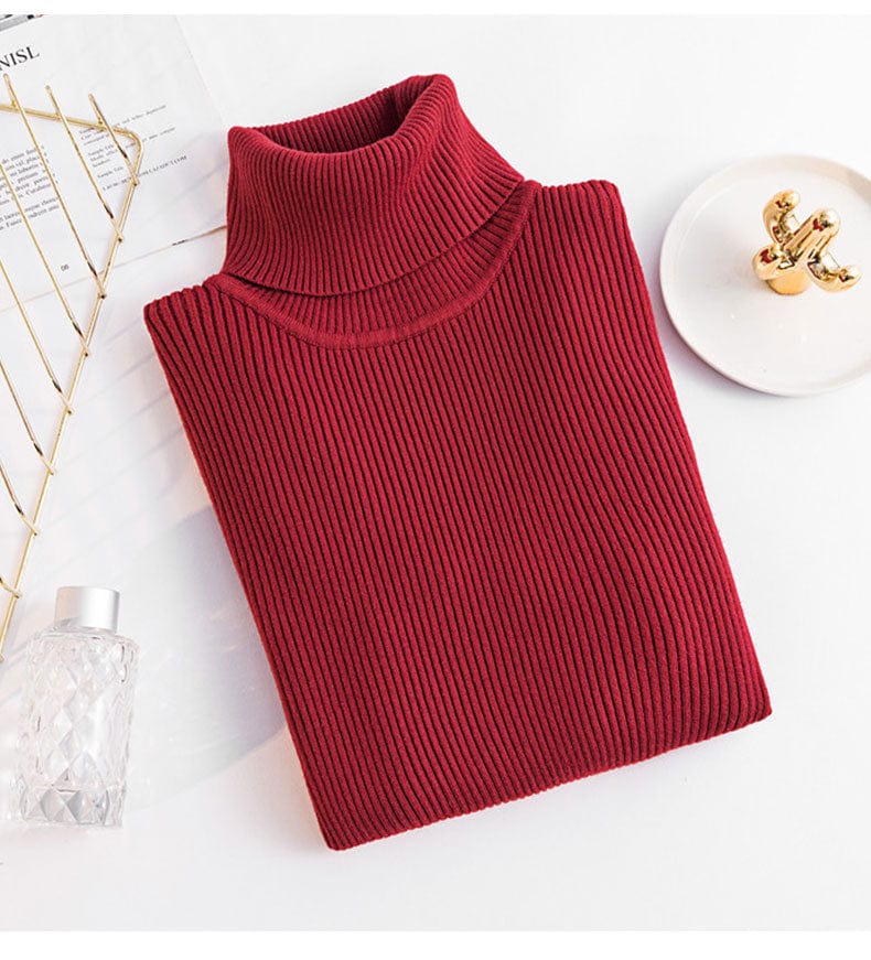 Free / Red New Spring Autumn Knit Long sleeve Turtleneck Pullover Solid Color High Neck Jumper Bottoming Shirt Knitted Sweaters T15501Y