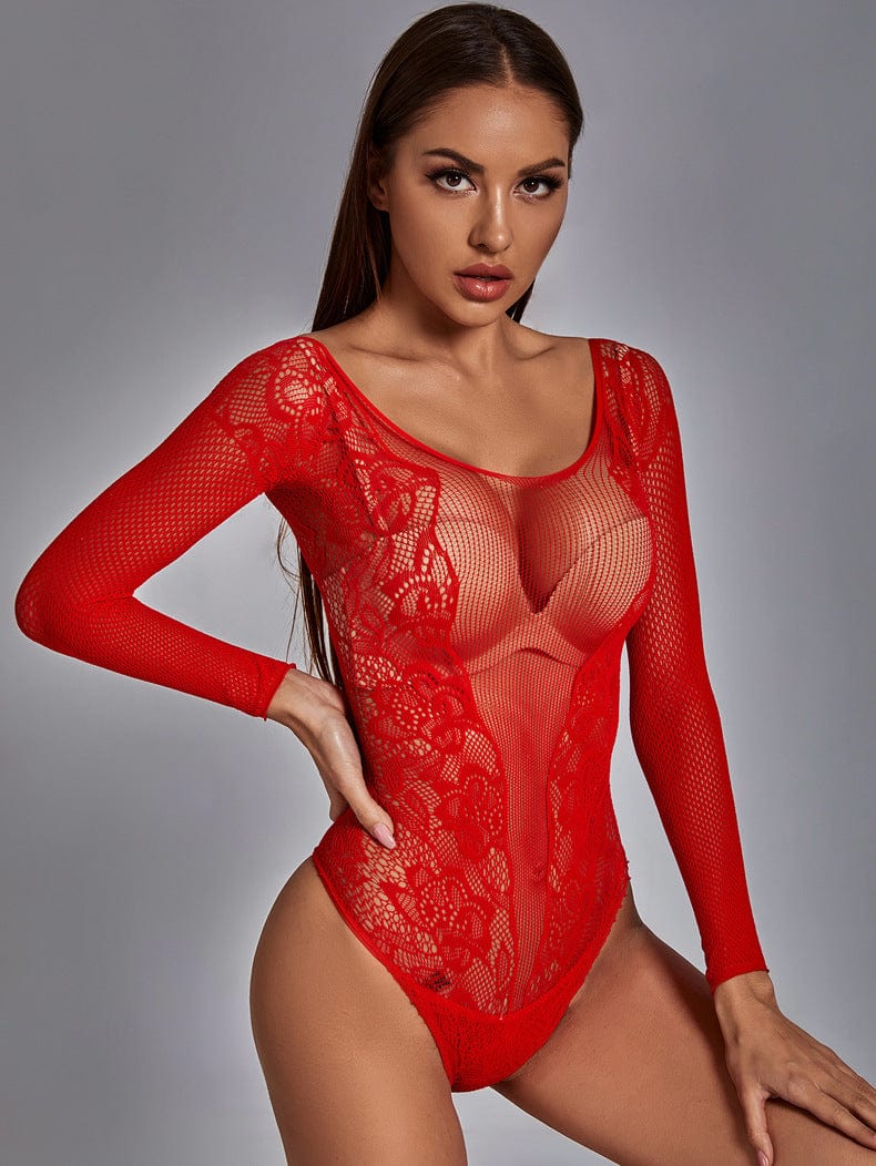 Free / Red Plus Size Sleepwear Women Fishnet Body Stocking Mesh Transparent Sexy Lingerie Mature Woman Red Long Sleeve Bodysuits