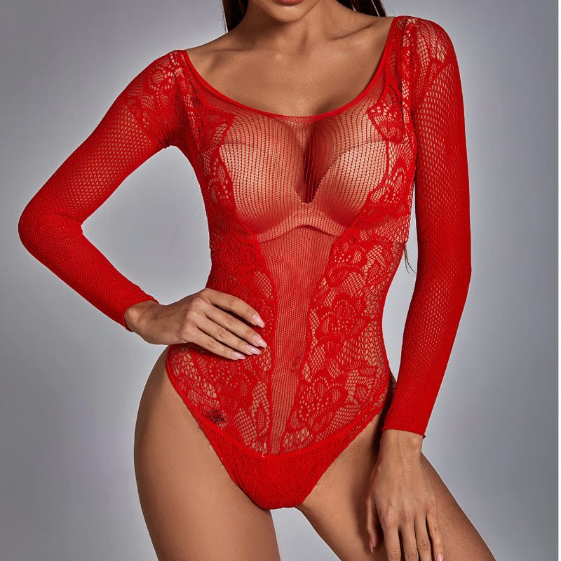 Free / Red Plus Size Sleepwear Women Fishnet Body Stocking Mesh Transparent Sexy Lingerie Mature Woman Red Long Sleeve Bodysuits