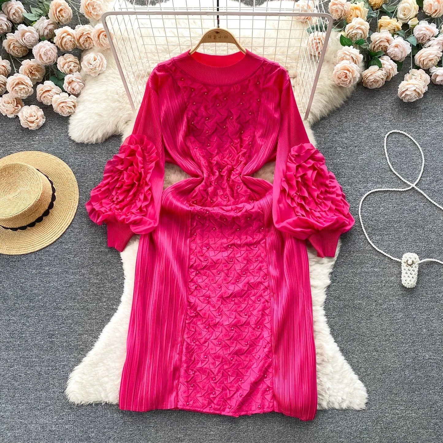 Free / Rose Madder Clothing 2024 Spring New Solid Color Embroidered Crew Neck Long Sleeve Elegant Loose Women's Dress