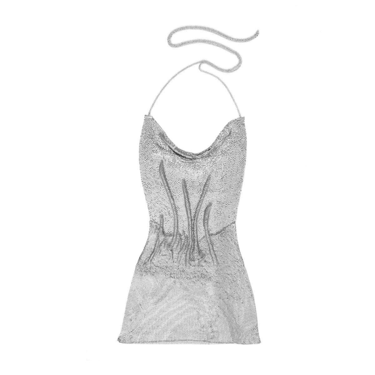 Free / silver Ingemark Sexy Clubwear Backless Sequin Short Dress Women's Sexy Metallic Sequin Body Chain Two Piece Set Women sexy Clothing