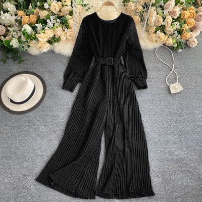 free size / 3 Autumn and winter new style solid color temperament round neck long-sleeved waist belt thinner pleated wide-leg jumpsuit