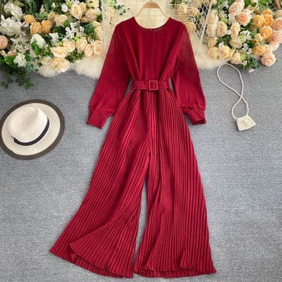 free size / 6 Autumn and winter new style solid color temperament round neck long-sleeved waist belt thinner pleated wide-leg jumpsuit