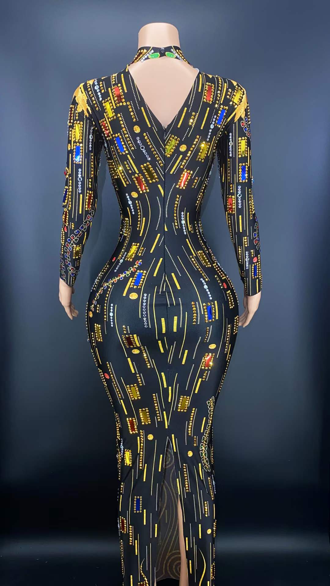 Free size / FX220105 Black Good Quality Sequin Evening Dress Prom Long Sleeve High Neck Crystal Party Dress Gold Pattern Fall Women Dresses Performance