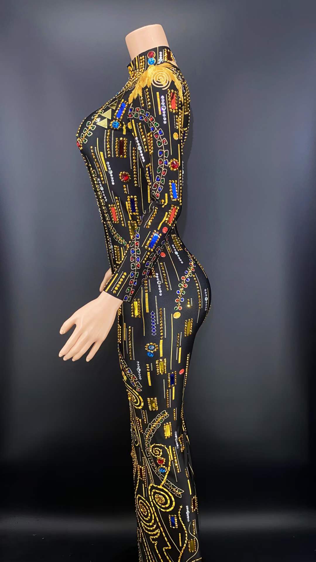 Free size / FX220105 Black Good Quality Sequin Evening Dress Prom Long Sleeve High Neck Crystal Party Dress Gold Pattern Fall Women Dresses Performance