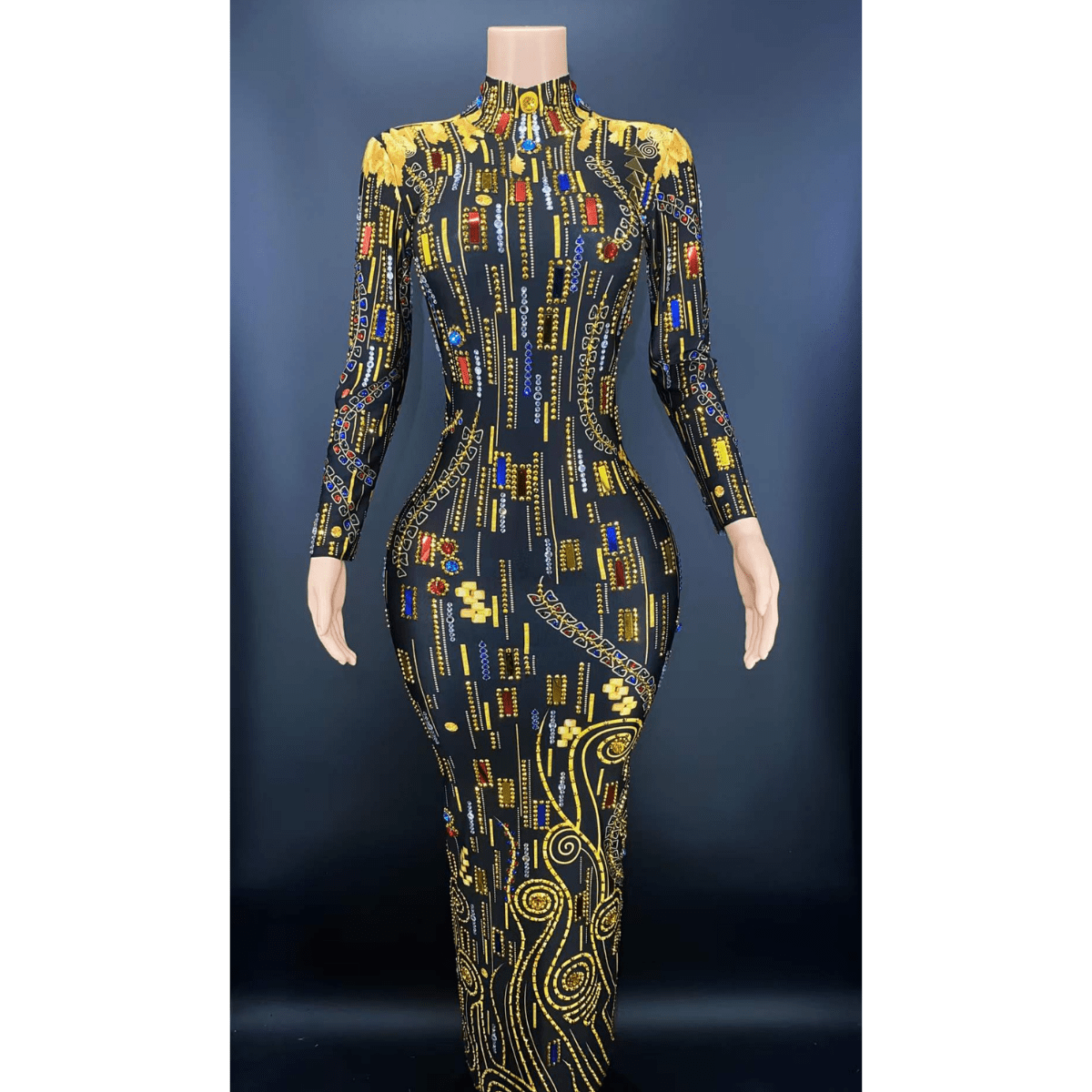 Free size / FX220105 Black Good Quality Sequin Evening Dress Prom Long Sleeve High Neck Crystal Party Dress Gold Pattern Fall Women Dresses Performance
