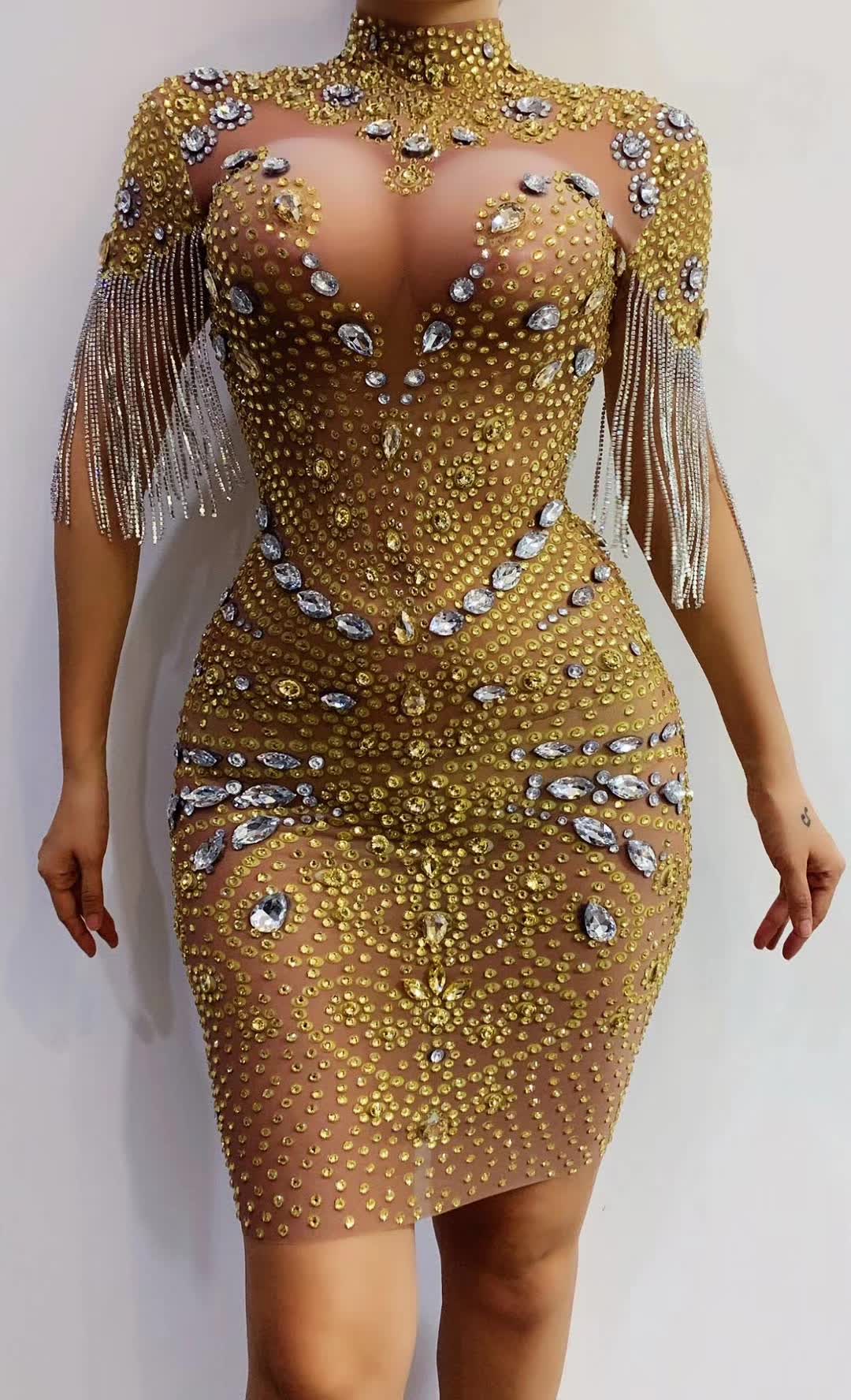 free size / G7023 Pink 2022 New Arrival Turtle Neck Diamond Elegant Evening Dress Formal Mesh See Through Rhinestone Tassel Sexy Club Dresses Women