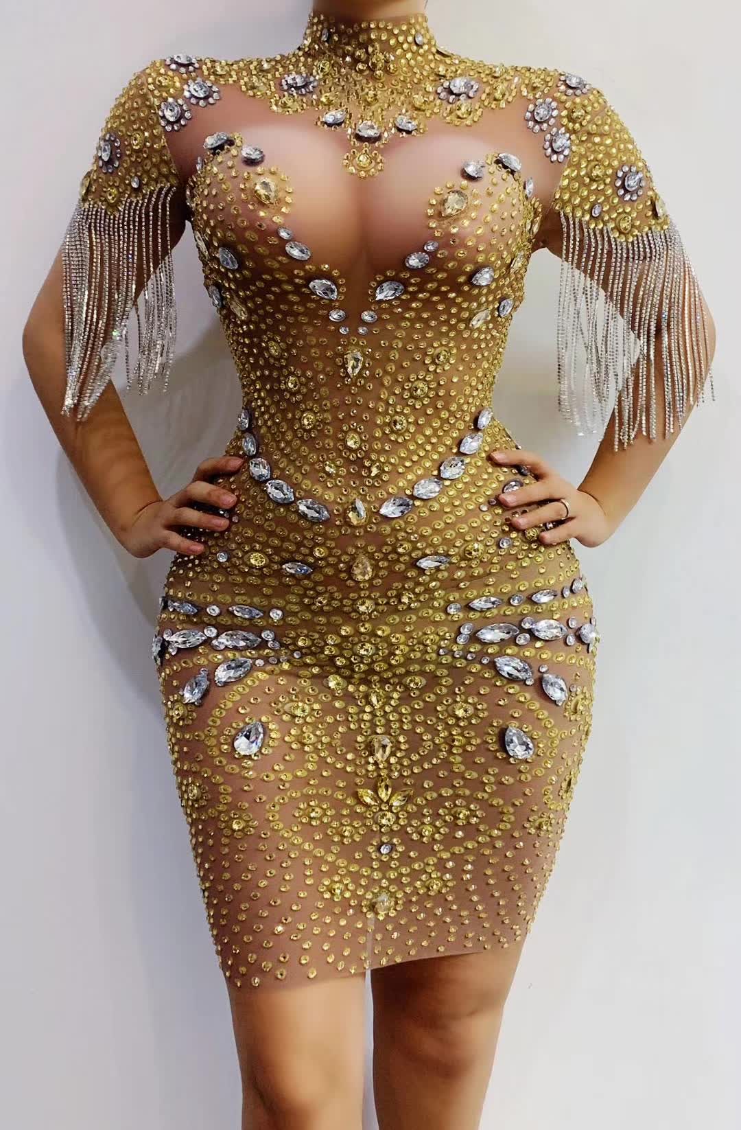 free size / G7023 Pink 2022 New Arrival Turtle Neck Diamond Elegant Evening Dress Formal Mesh See Through Rhinestone Tassel Sexy Club Dresses Women
