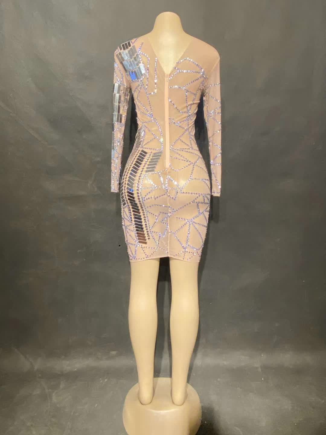 Free size / T9038 WHITE Wholesale Long Sleeve Bodycon Dress Fall 2022 For Women Sexy Reflective Mesh Transparent Rhinestone Clubwear Night Club Dress