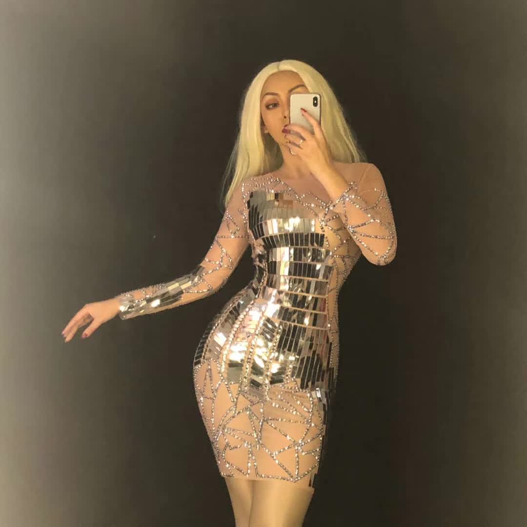 Free size / T9038 WHITE Wholesale Long Sleeve Bodycon Dress Fall 2022 For Women Sexy Reflective Mesh Transparent Rhinestone Clubwear Night Club Dress