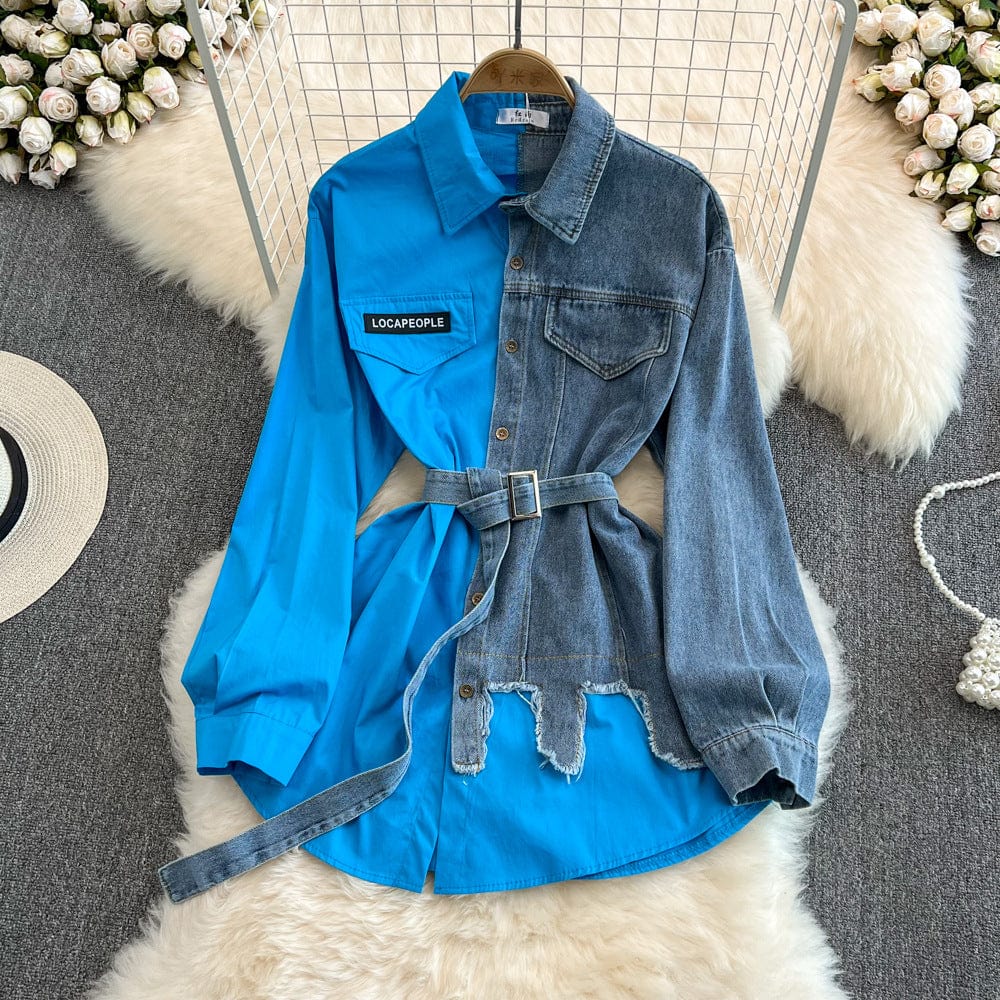Free / Sky Blue In Stock 2023 Hot Sale Splicing Lapel Dress New Design Patchwork Jacket Women Long Jeans Denim Top Shirt Ladies' Blouses Shirt