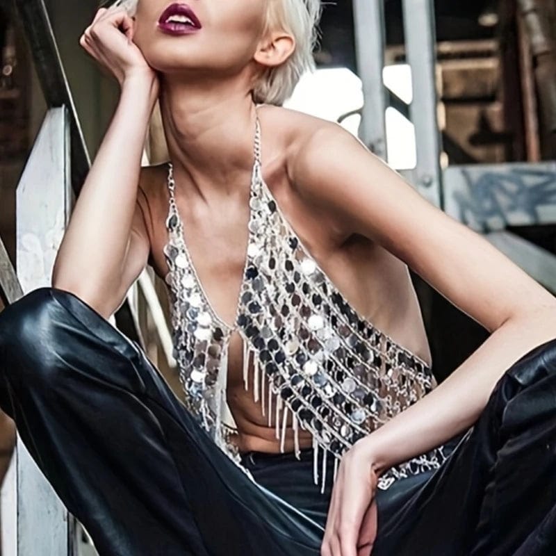 Free / Sliver Sequin Chain Tassel Halter Neck Top, Casual Summer Sleeveless Top Women's Clothing