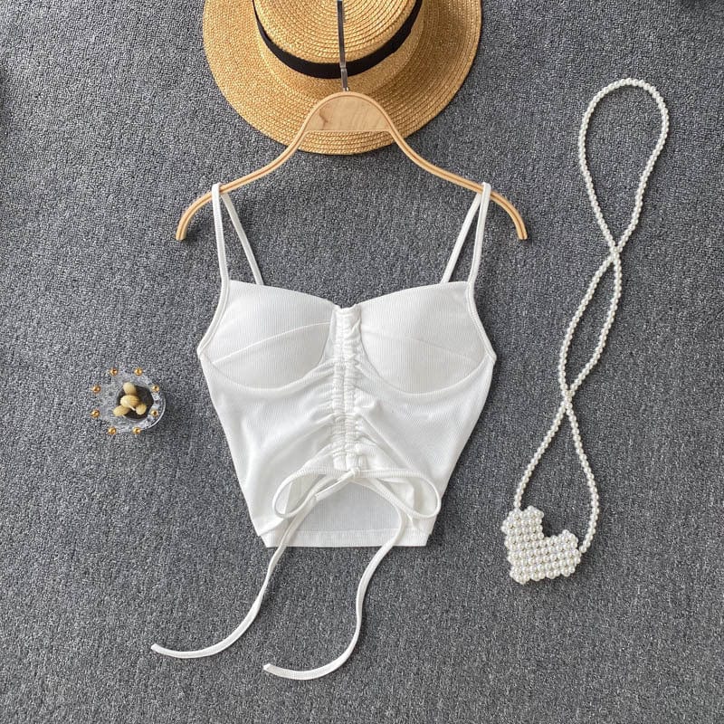 Free / White 2022 Amazon Top Seller Women Summer Simple spaghetti strap tank top Drawstring knit women y2k crop tops
