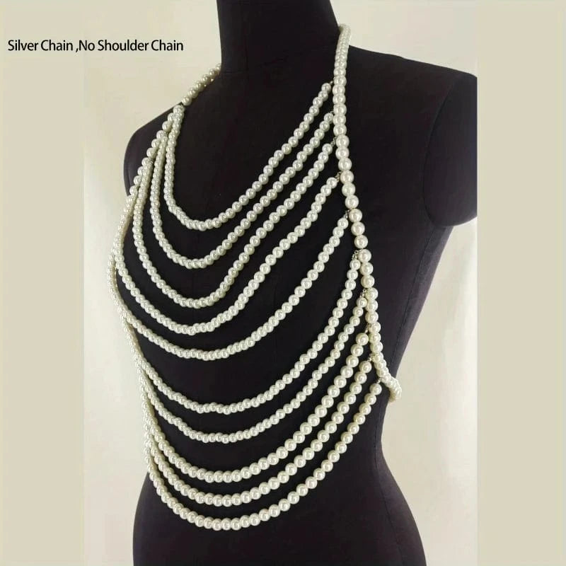 Free / White Halter Backless Body Jewelry Accessories Handmade Faux Pearls Body Chain Simple Style Multi-layer Bustier corset