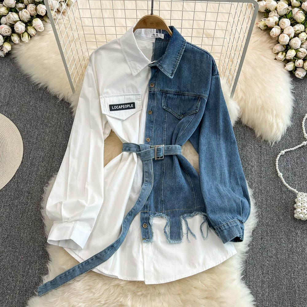 Free / White In Stock 2023 Hot Sale Splicing Lapel Dress New Design Patchwork Jacket Women Long Jeans Denim Top Shirt Ladies' Blouses Shirt