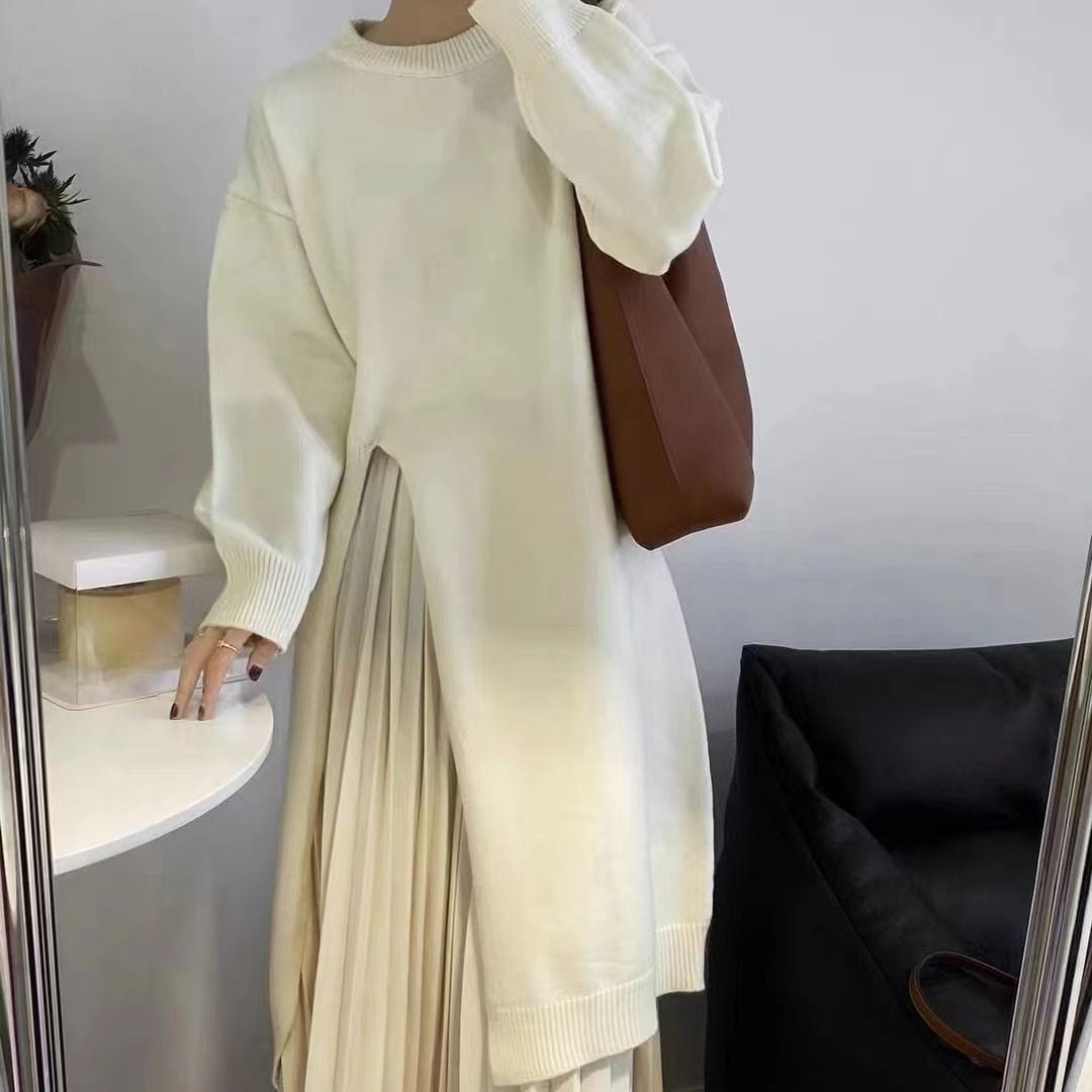 Free / White Latest Batwing Long Sleeve Sweater Dress Women Solid Size Slit Loose Clothing Fall Dresses Women French 2023