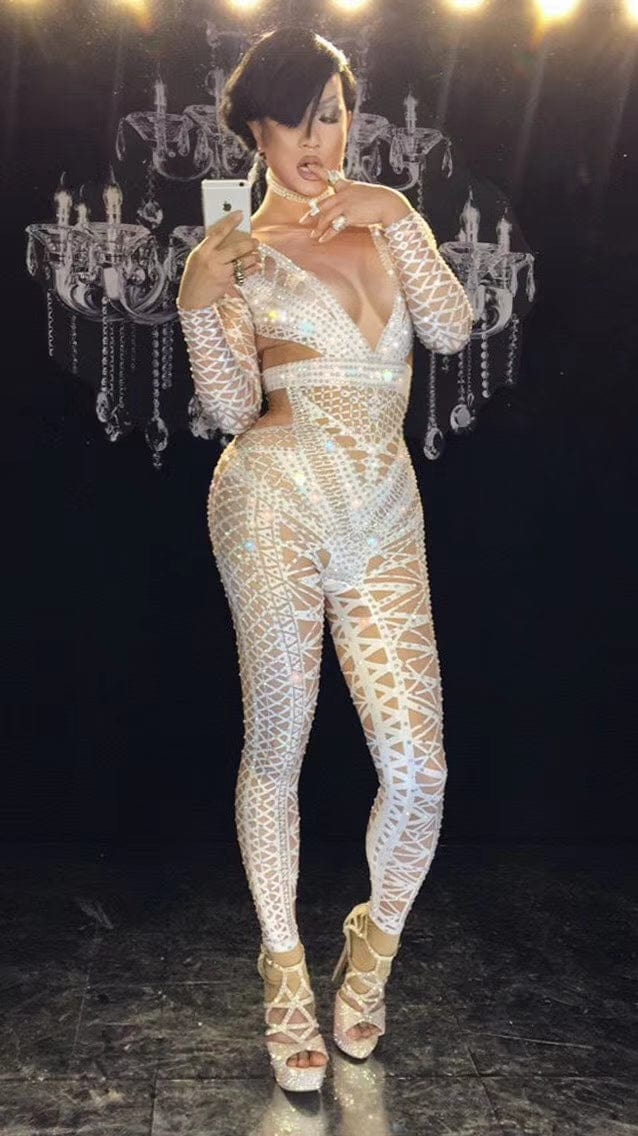 Free / White Monos Sexy Stripper Dance Leotard Stage Costume Print Rhinestones Spandex Bodysuit Women Club Party Bodycon One Piece Jumpsuit
