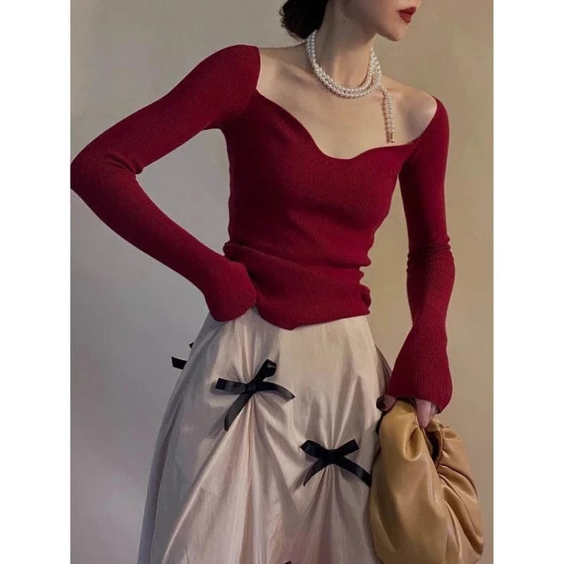 Free / Wine red / Polyester / Cotton Retro Collarbone Square Collar Women Knit Tops Slim Long Sleeve Pullover Sweater Autumn Sexy Base Sweater clothing  Knitwear