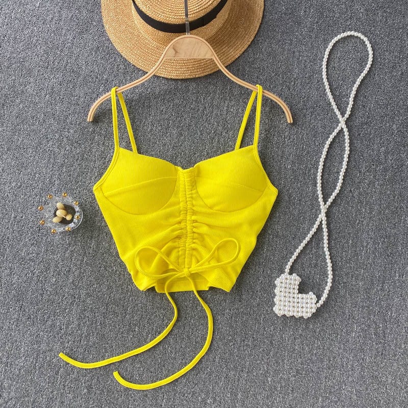 Free / Yellow 2022 Amazon Top Seller Women Summer Simple spaghetti strap tank top Drawstring knit women y2k crop tops