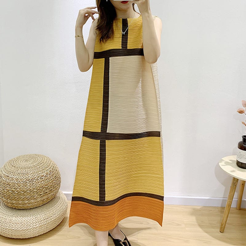 Free / Yellow Getspring O Neck Sleeveless Casual Loose Oversized Spring New Ruched Patchwork Hit Color Dresses