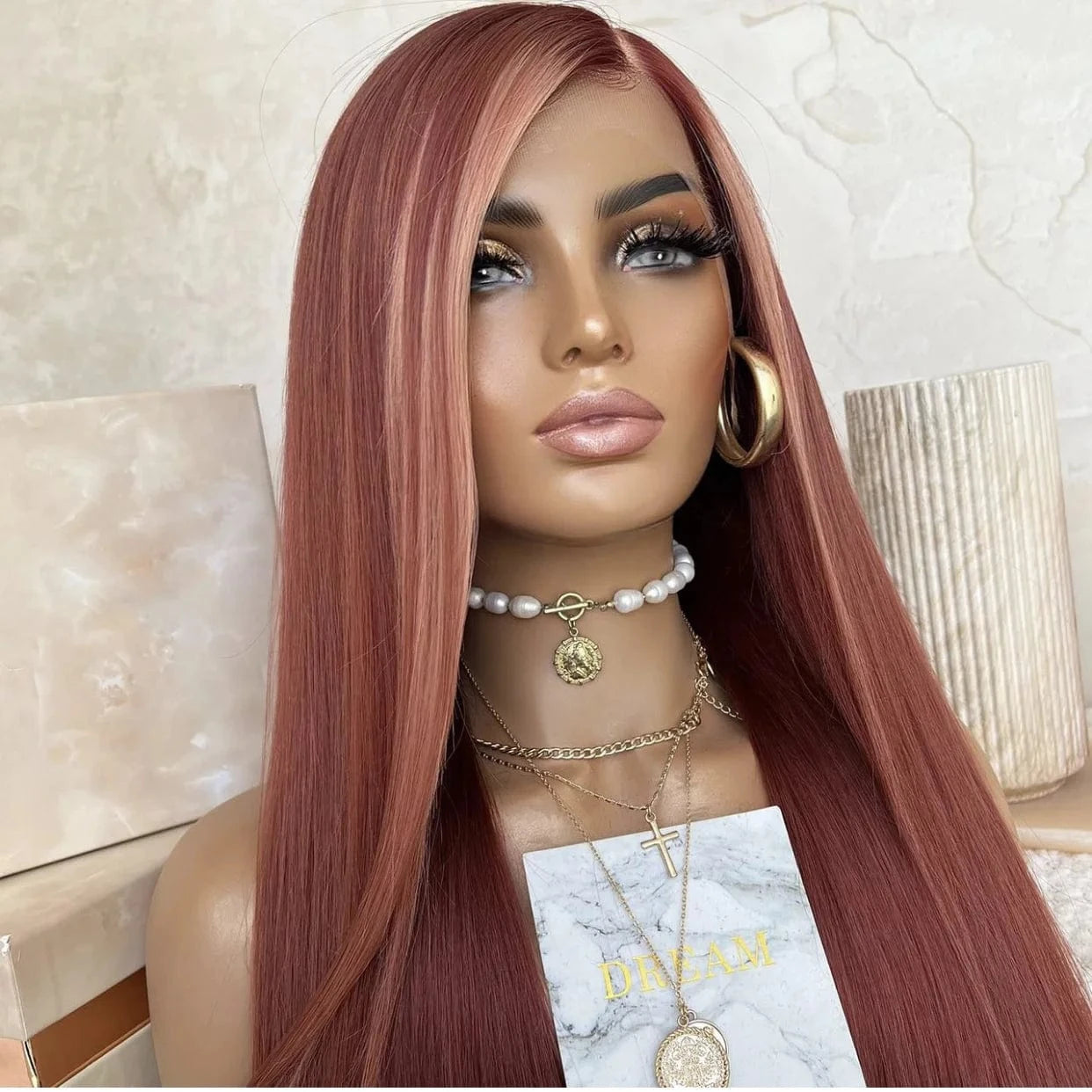 Freedon Unique Pink Red Highlight Medium Density Long Straight Virgin Russian Soft Cuticle Human Hair Swiss Lace Front Wigs