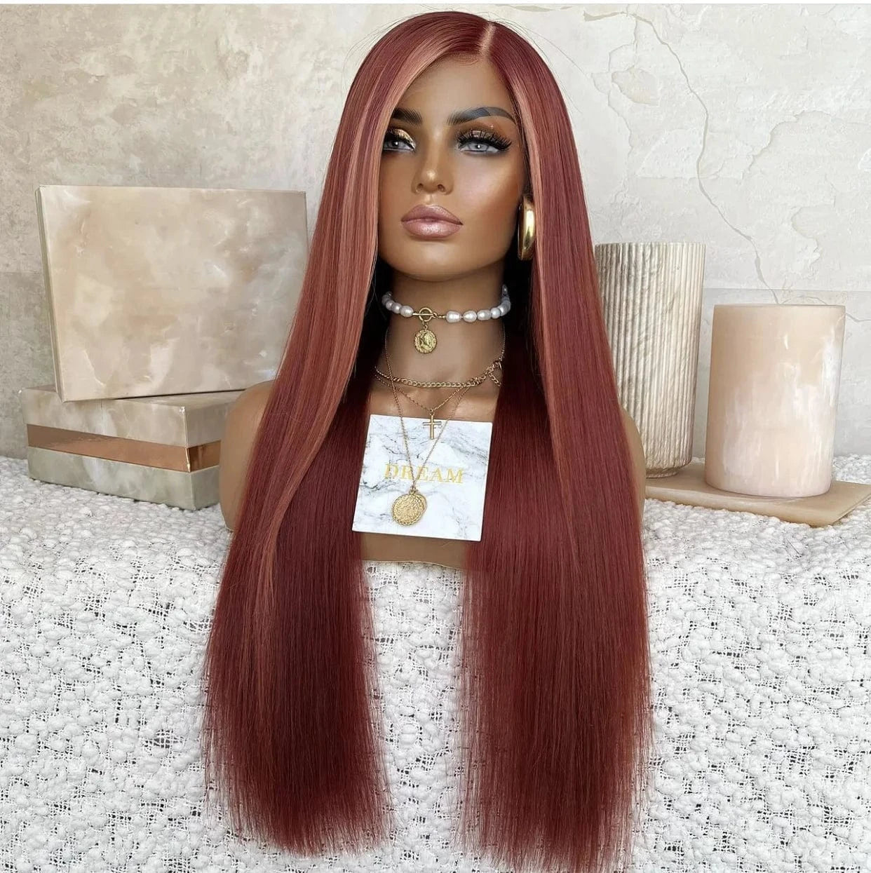Freedon Unique Pink Red Highlight Medium Density Long Straight Virgin Russian Soft Cuticle Human Hair Swiss Lace Front Wigs