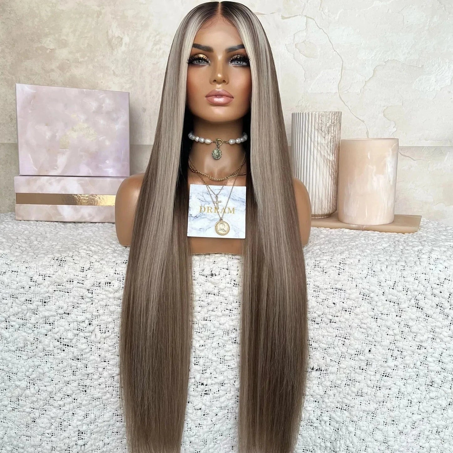 Freedon Unique Pink Red Highlight Medium Density Long Straight Virgin Russian Soft Cuticle Human Hair Swiss Lace Front Wigs