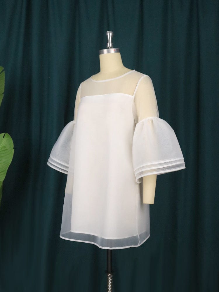 Fresh Women's Sweet Mesh Dress Pure white perspective flare sleeve white evening dresses