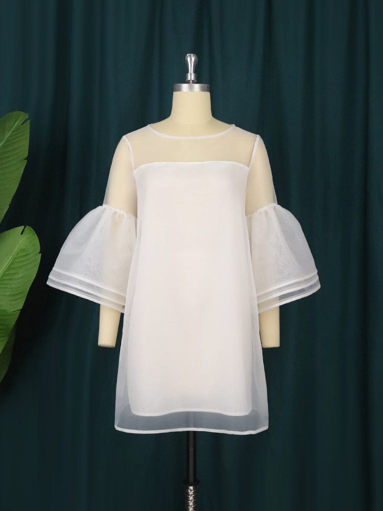Fresh Women's Sweet Mesh Dress Pure white perspective flare sleeve white evening dresses