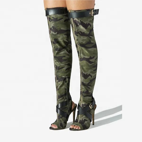 Front Zipper Women Stretchy Thigh High Boots Summer Cross Belt Buckle Long Booties Over Knee Peep Toe High Heel Camouflage Shoes