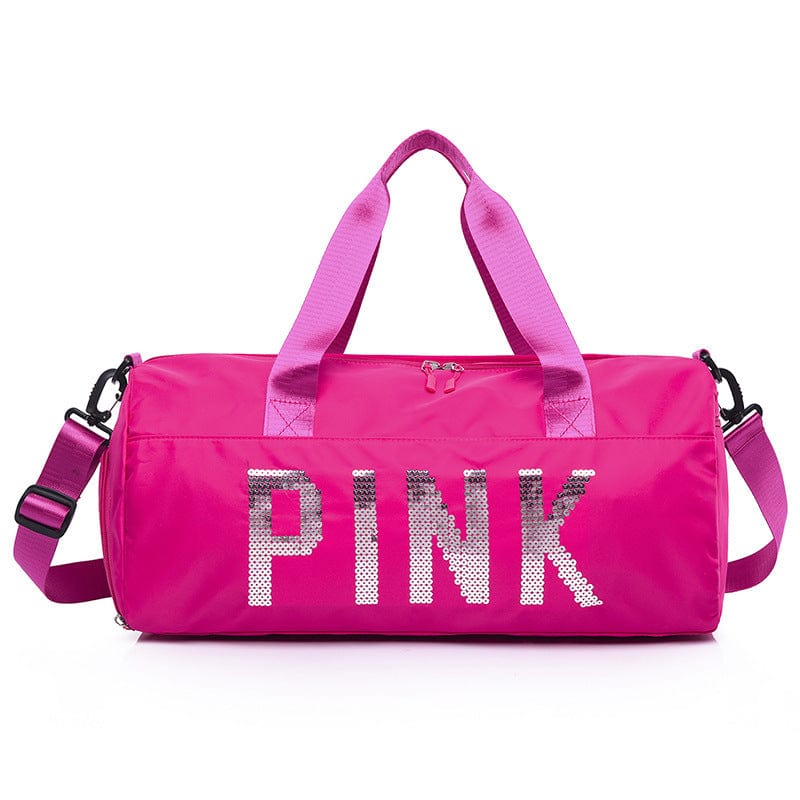 fuchsia Cheap price high quality large capacity sequins letters pink sports gym bag custom logo gym bag with shoe compartment