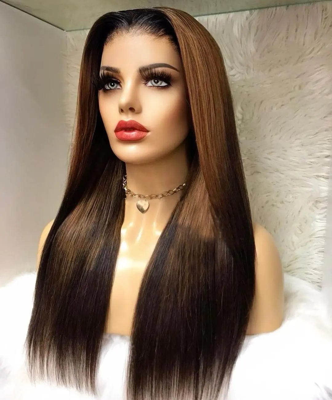 Full Long Inches Natural Black Brown Highlight Color Straight Vietnam Human Hair Pre Plucked Lace Front Wigs