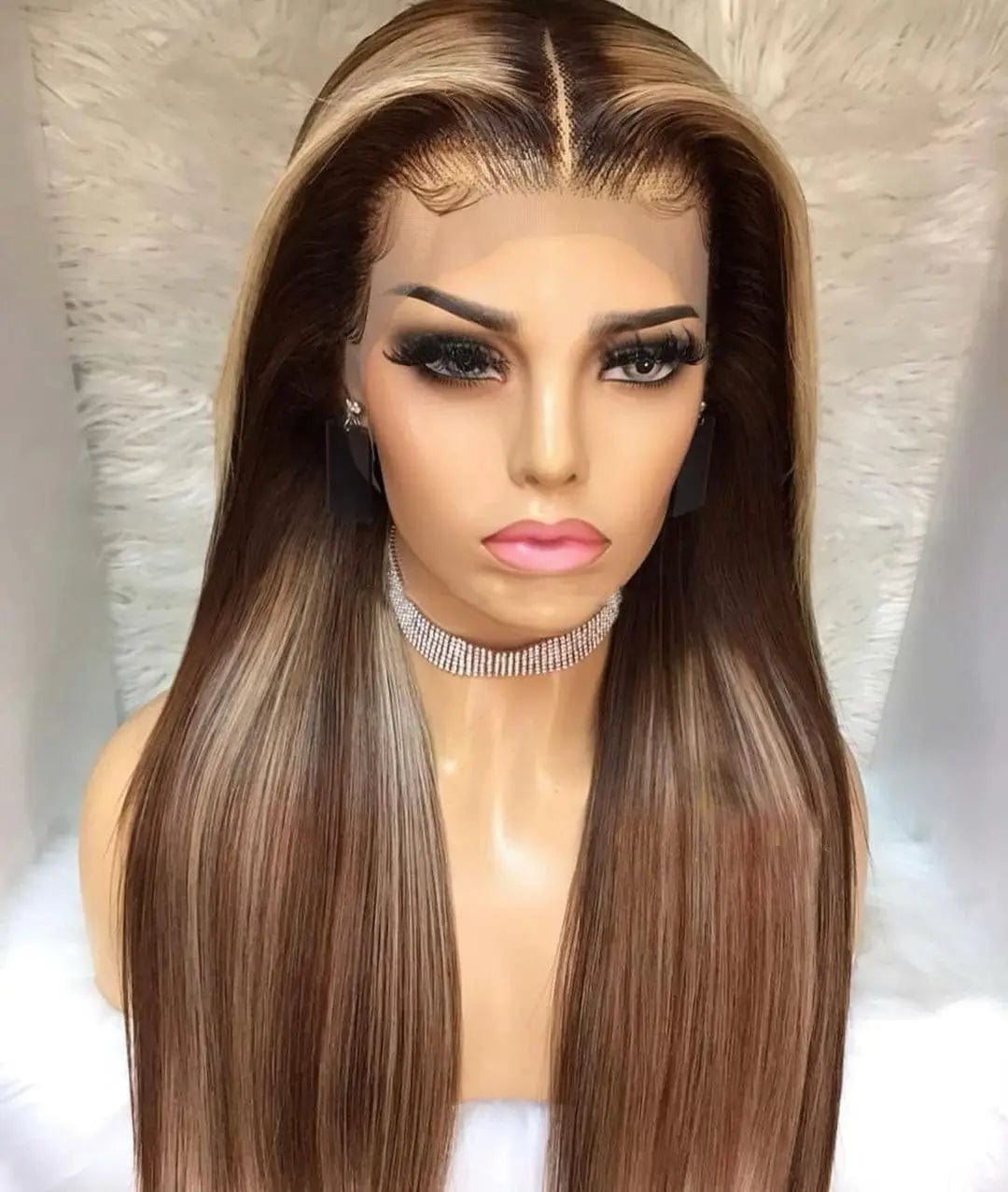 Full Long Inches Natural Black Brown Highlight Color Straight Vietnam Human Hair Pre Plucked Lace Front Wigs