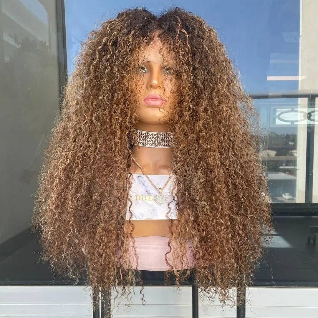 Full Vietnam Human Hair Afro Kinky Curly Brown Highlight Color Cuticle Aligned Transparent HD Lace Front Wigs