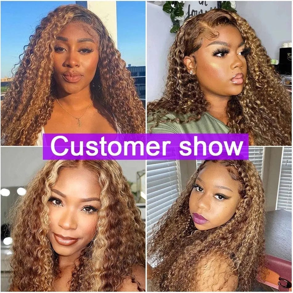 Full Vietnam Human Hair Deep Curly Brown Highlight Color Bleached Knots Transparent HD Lace Front Wigs
