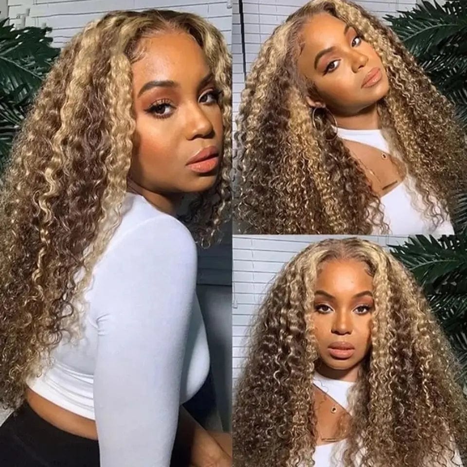 Full Vietnam Human Hair Deep Curly Brown Highlight Color Bleached Knots Transparent HD Lace Front Wigs