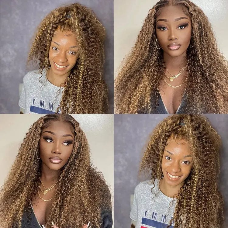 Full Vietnam Human Hair Deep Curly Brown Highlight Color Bleached Knots Transparent HD Lace Front Wigs