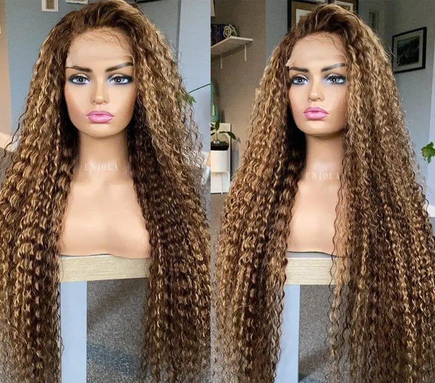 Full Vietnam Human Hair Deep Curly Brown Highlight Color Bleached Knots Transparent HD Lace Front Wigs