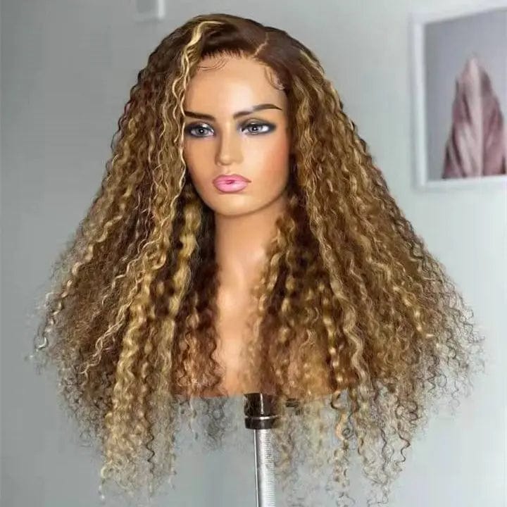 Full Vietnam Human Hair Deep Curly Brown Highlight Color Bleached Knots Transparent HD Lace Front Wigs