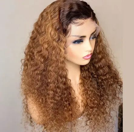 Full Vietnam Human Hair Deep Curly Brown Highlight Color Bleached Knots Transparent HD Lace Front Wigs